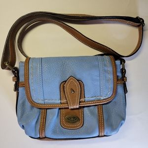 BOC Born O Concept LT Blue W/BROWN TRIM FLAP FRONT CROSSBODY Purse  EUC